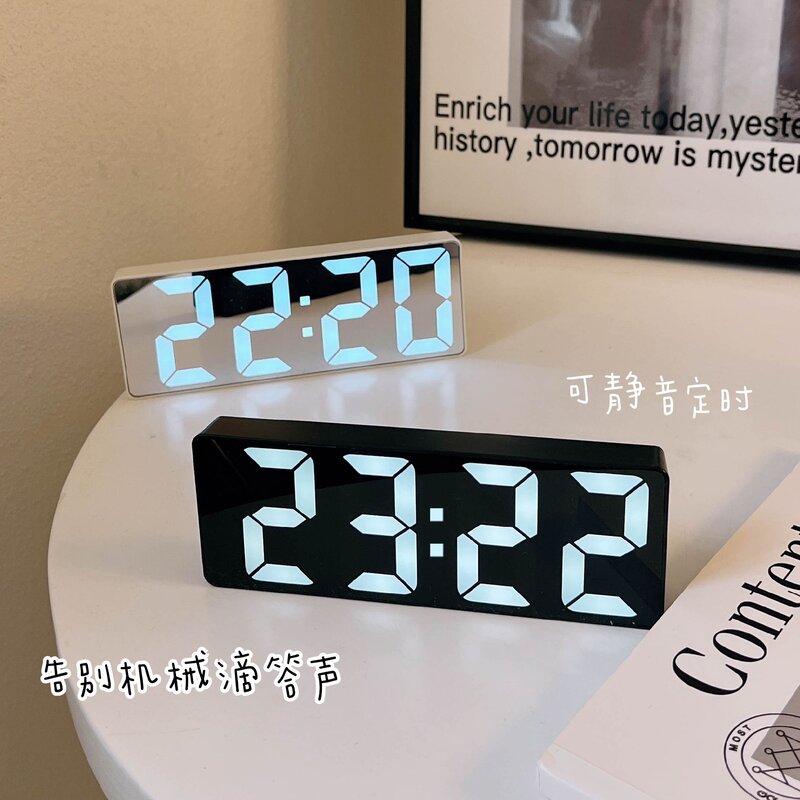 镜面闹钟~ins静音电子时钟学生桌面摆台式led数字时间显示器钟表