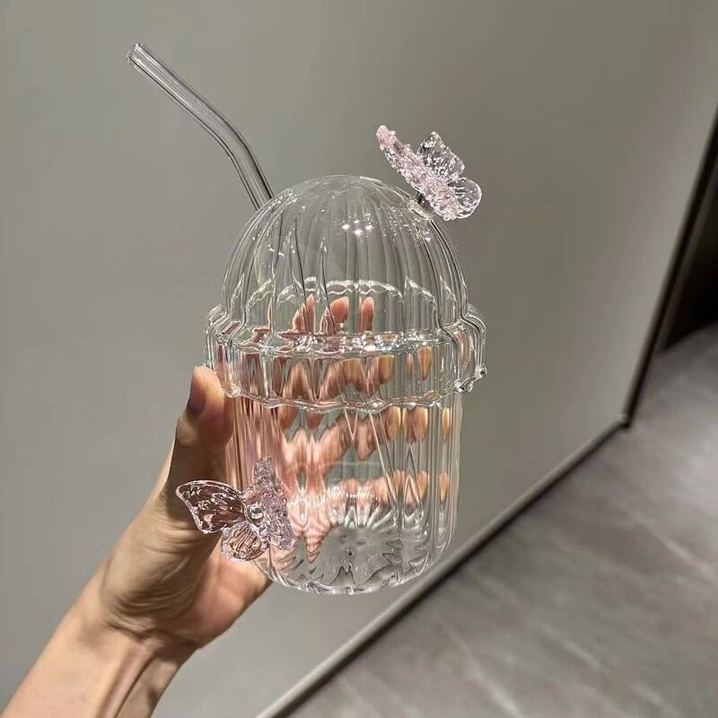 居家粉色吸管玻璃杯蝴蝶可爱夏季果汁牛奶小红喝水杯子