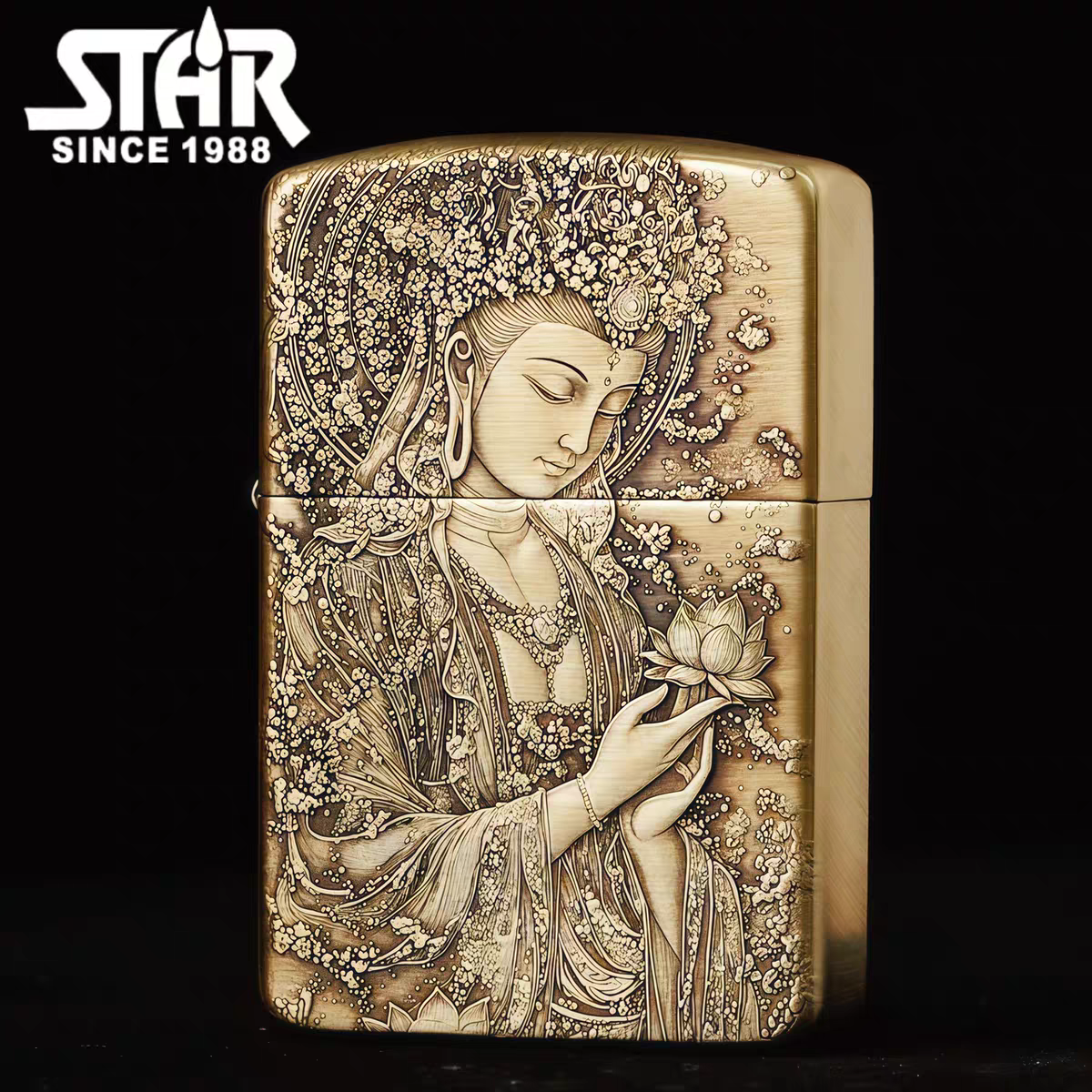 STAR恒星S41机型黄铜做旧浮雕持莲观音煤油打火机黄铜煤油机