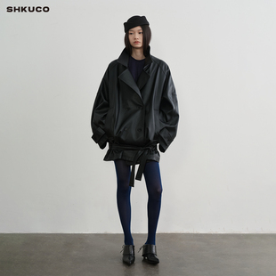 荔枝纹环保皮质低腰皮外套 复古宽松翻领皮衣夹克 SHKUCO 经典