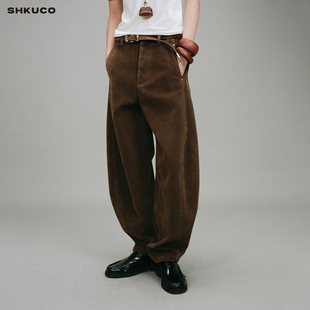 宽松阔腿中腰休闲裤 水洗做旧麂皮弯刀裤 哑光雾面 SHKUCO