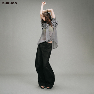 低腰宽松阔腿裤 女 复古洗水原牛立体裁剪弓型牛仔裤 SHKUCO