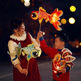 新品中秋金鱼灯笼diy非遗鱼灯材料包儿童手工古风灯W锦鲤花灯拍照