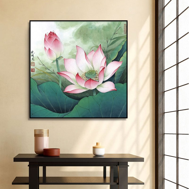 速发荷花装饰画瑜伽养生馆挂画客厅玄关走廊过道壁画禅意饭店墙面图片