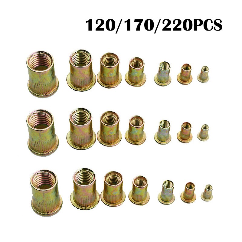 120pcs/170pcs/220pcs平头竖纹镀彩锌钢铆螺母M3-M12套装