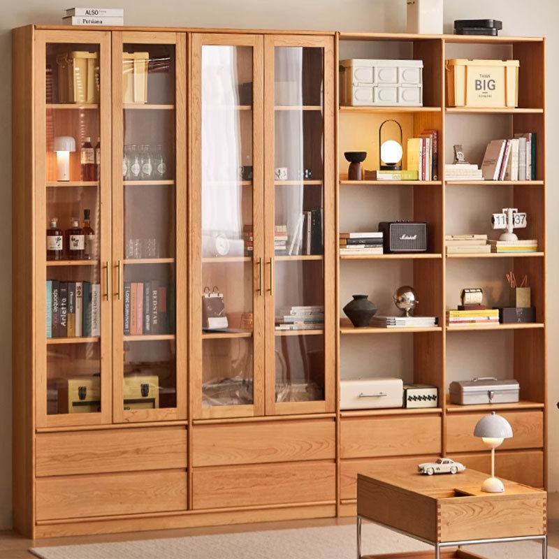 北欧全实木满墙组合书柜现代简约樱桃木落地书架玻璃门客厅展示柜