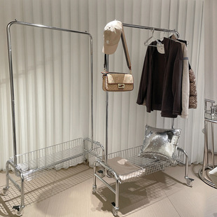 落地衣架家用简易挂衣架长款单杆晾衣架子室内带篮子置物架衣帽架