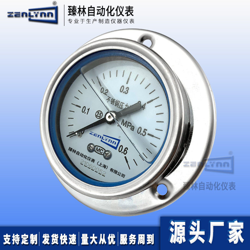 盘装压力表面板式不锈压力表YBN-60ZQ轴向带边不锈钢耐震压力表
