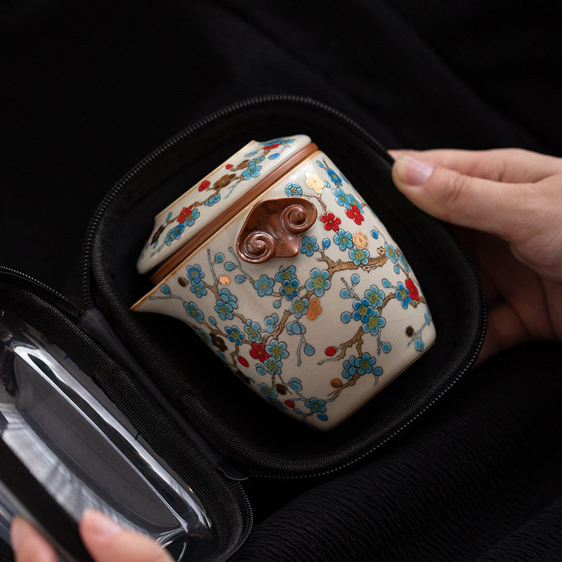 寻器高档汝窑金梅快客杯陶瓷旅行茶具一壶三杯户外便携式茶杯套装