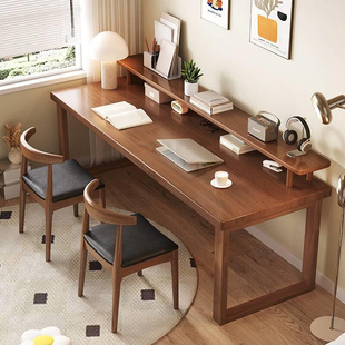 纯实木双人书桌带书架简易电脑桌家用办公桌靠墙工作台长条大板桌