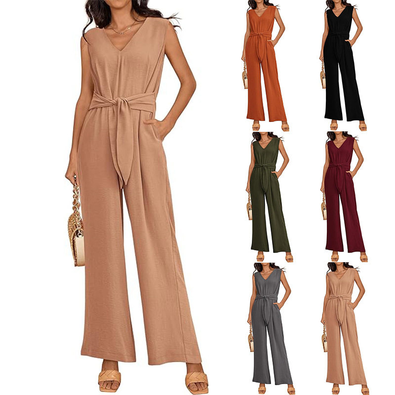 Wide leg sleeveless jumpsuit for women纯色阔腿无袖女士连体裤