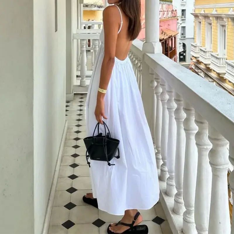 Backless sleeveless solid color V-neck dress 露背V领连衣裙女