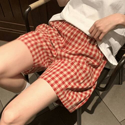 格子高腰直筒休闲舒适女短裤