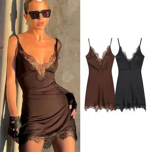 camisole color lace dress women 纯色吊带蕾丝连衣裙 for Solid