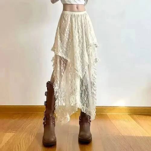 高腰蕾丝不规则宽松半身裙