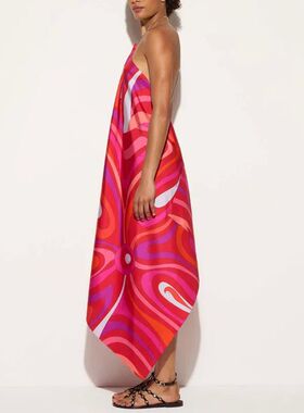Printed neck hanging sleeveless long skirt印花挂脖无袖长裙女