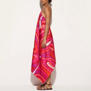 Printed neck hanging sleeveless long skirt印花挂脖无袖长裙女