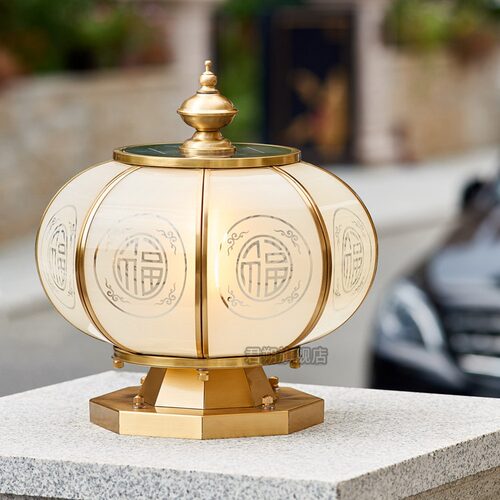 全铜太阳能柱子灯室外围墙灯中式别墅大门口柱子灯防水庭院门柱灯
