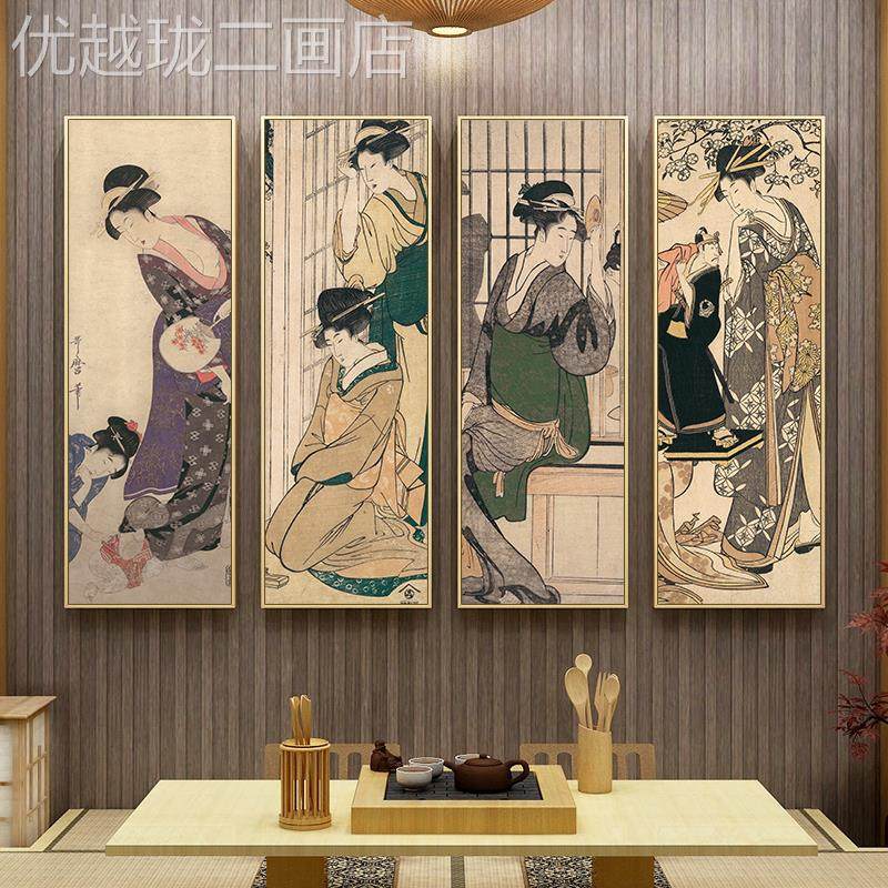 网红日式仕女浮绘美厅图饰画日系居洒餐屋挂画日本装玄画关人壁竖
