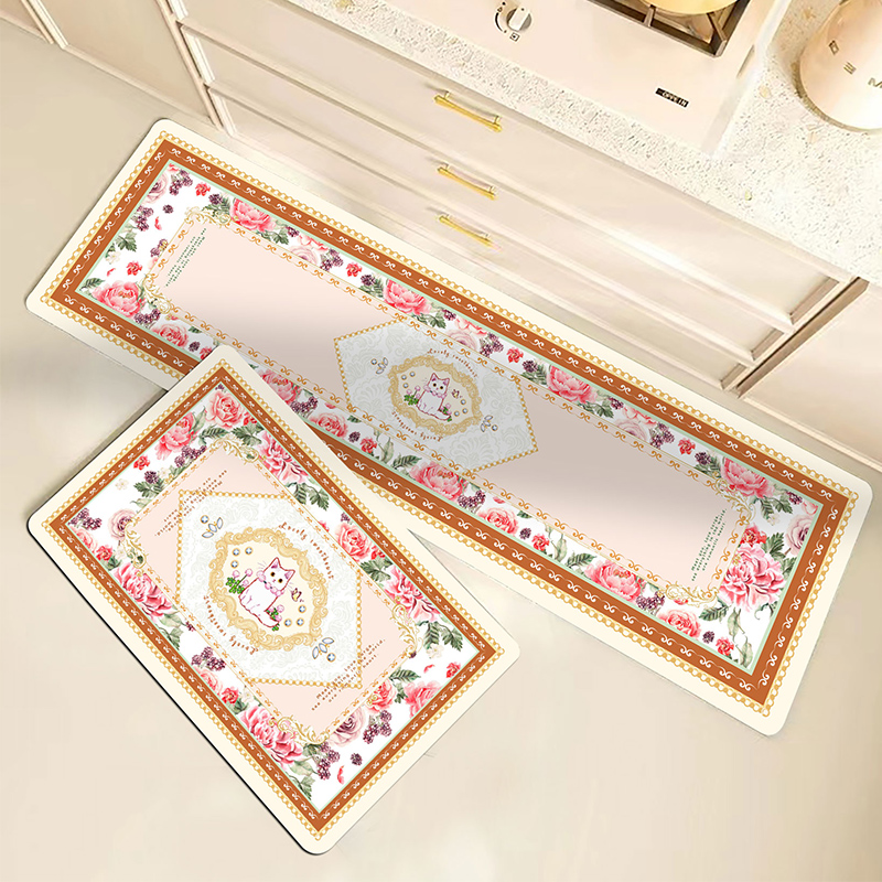 田园卡通猫咪花卉硅藻泥厨房A垫子吸J水防滑地垫科技皮地毯