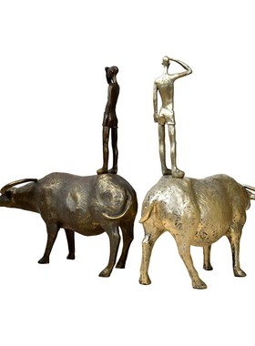 新中式银色黑色树脂站q立放牛郎装饰品摆件创意玄关桌面办公室客