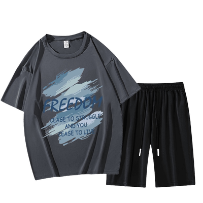 冰丝短袖t恤夏季男士运动套装青少年帅气宽松大码两件套短裤衣服