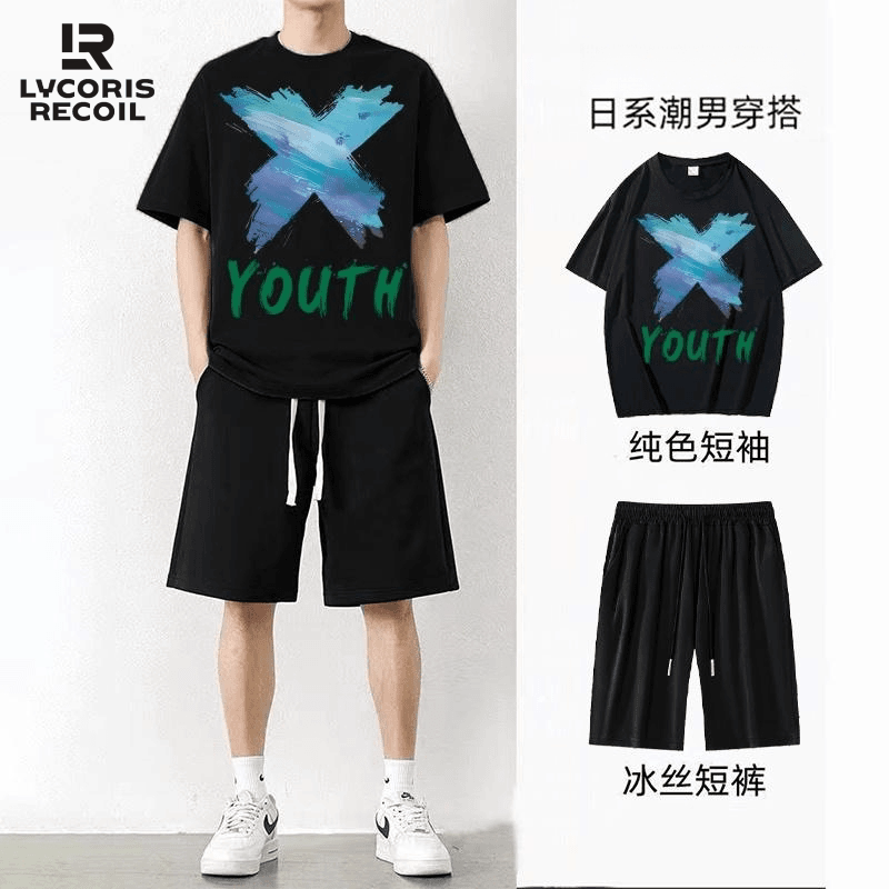 两件装套装短袖t恤男士夏季印花五分裤男上衣服情侣套装运动潮牌