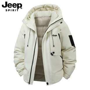 吉普Jeep冬季保暖户外运动风连帽羽绒服男加厚宽松工装口袋外套