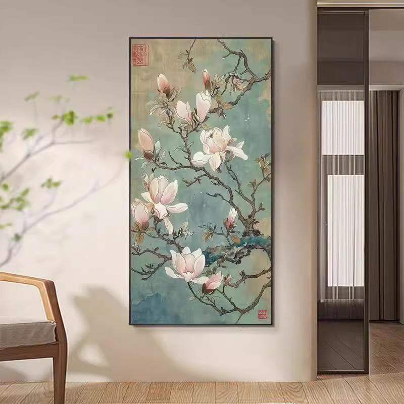 新中式中古风玉兰树玄关装饰画植物E花卉餐厅书房壁画客厅背景挂图片