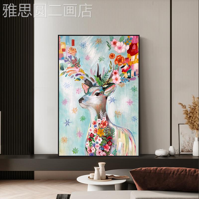 网红手绘梅花鹿油画现代客厅装饰关画玄麋鹿动物走廊挂画美式餐厅图片