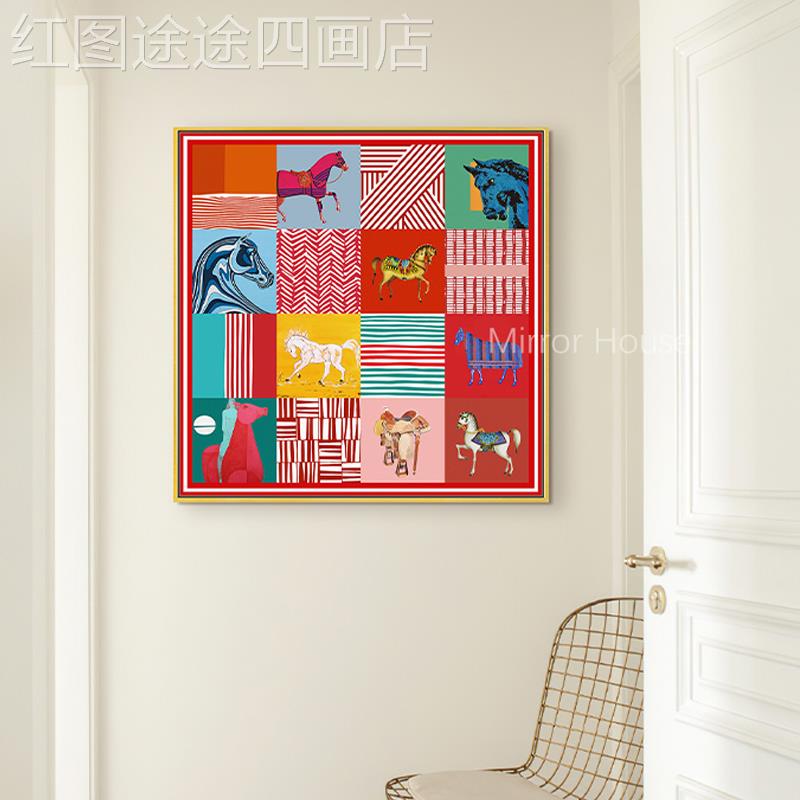 网红意骏马式客厅装饰画玄艺红术轻奢卧室床头挂画高感新年级色关图片