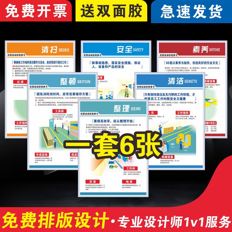 企业车间工c厂公司6S标语挂图6S管理清洁清扫整理整顿安全素养海