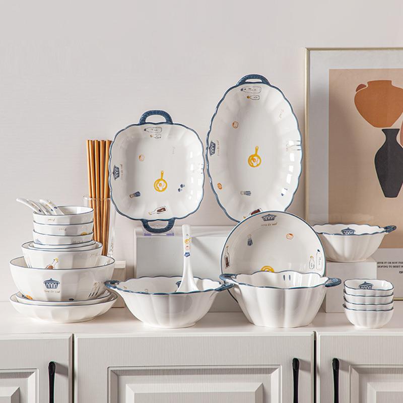 陶瓷碗碟套装家用碗盘2025新款碗盘乔迁餐具礼盒双耳盘子饭碗菜盘