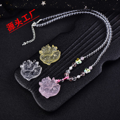 天然黄水晶凤九锁骨链 粉水晶炸毛九尾狐吊坠 白水晶回眸狐狸