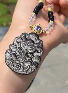 天然银曜石梅花许愿狐狸吊坠黑曜石女款百搭万能扣珠链毛衣链