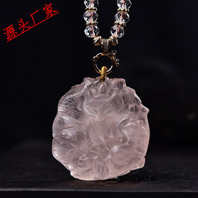 天然粉晶九尾狐狸吊坠精工雕刻五仙狐狸粉晶桃花项链蛇鼠刺猬