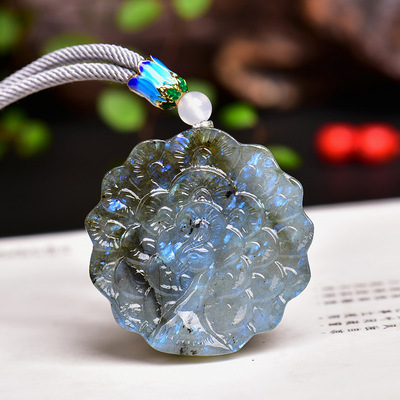 天然蓝灰月光石孔雀开屏吊坠拉长石孔雀毛衣链刻字定制饰品礼物