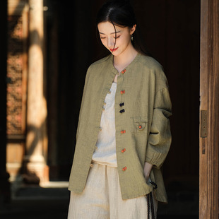 26春季新款棉麻女装文艺复古棉麻上衣衬衫女拼色盘扣对襟开衫外套