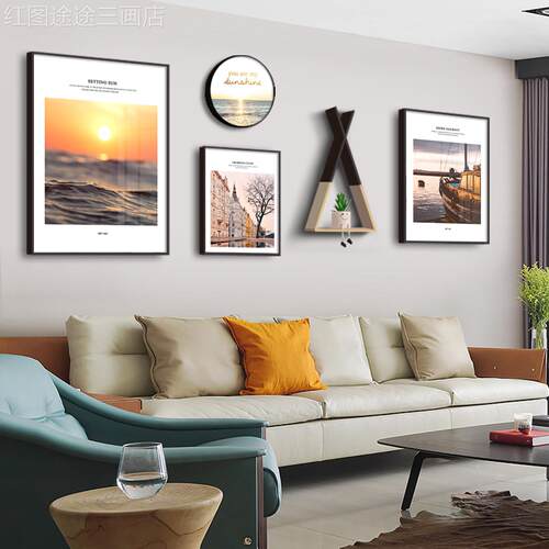 现代简约风客装厅饰画沙发背景墙挂治愈系画大海浪潮汐蓝色景壁画