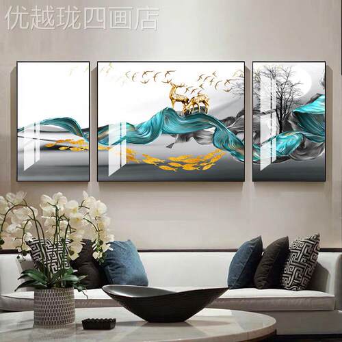 网红中式客厅装饰沙发风背景三联画水挂画新中式壁墙画山新水画画