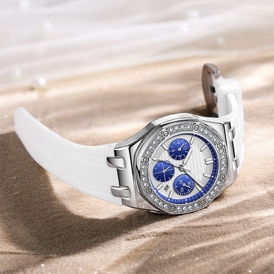 奥刻爆款皇家橡树硅胶三眼时尚商务多功能手表女士蓝眼睛系列腕表