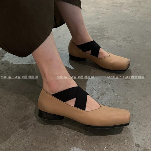 UMA 芭蕾舞鞋女方头猪鼻子高跟鞋交叉绑带玛丽珍单鞋
