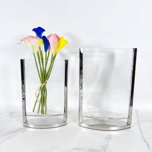 现代简约扁平透明玻璃花器样板房售楼处客厅餐厅桌面玄关花瓶摆件