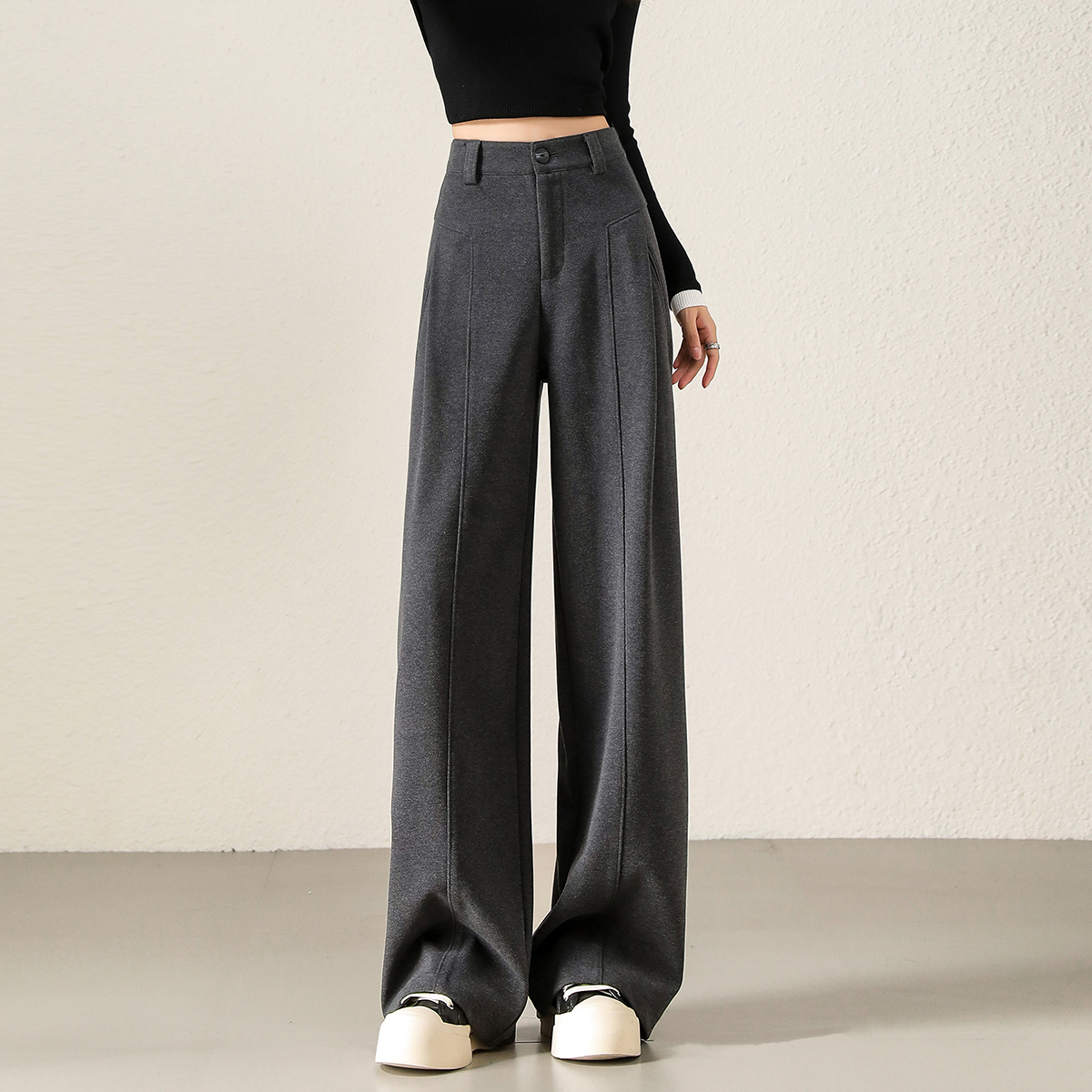 风琴裤女秋加厚直筒裤灰色休闲裤