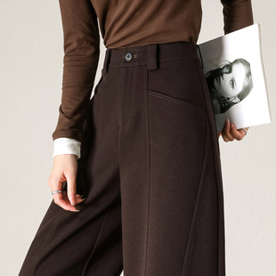 加厚休闲裤 新款 宽松直筒裤 梨型报恩裤 子 加绒毛呢弯刀裤 棕裤 女冬季