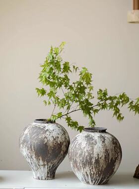 民宿陶罐新中式陶瓷插干花花盆家居摆件粗陶侘寂风复古花瓶陶器
