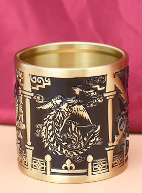 黄铜龙凤呈祥摆件百福雕刻茶桌纯铜笔筒桌面装饰纯铜实心铜制品批