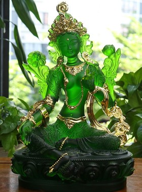 极速古法琉璃绿度母佛像摆件观音菩萨G贴金彩绘开脸居家供奉大号