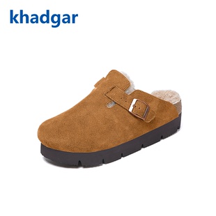 Khadgar/卡德加秋冬加绒厚底软木拖鞋羊毛保暖勃肯鞋女休闲毛毛鞋