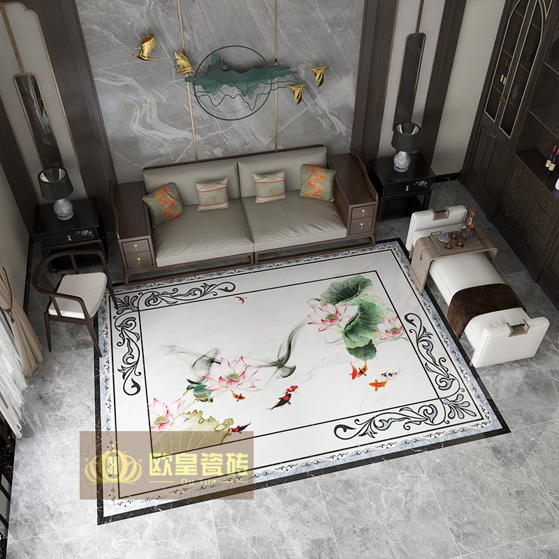 中式荷花图案造型瓷砖入户玄关餐厅素雅大气客厅拼花地砖800x800